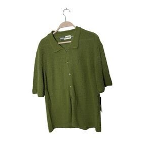 Mens Medium Luca Mateo‎ Open Knit Button Up Olive Green Collared Shirt Sweater